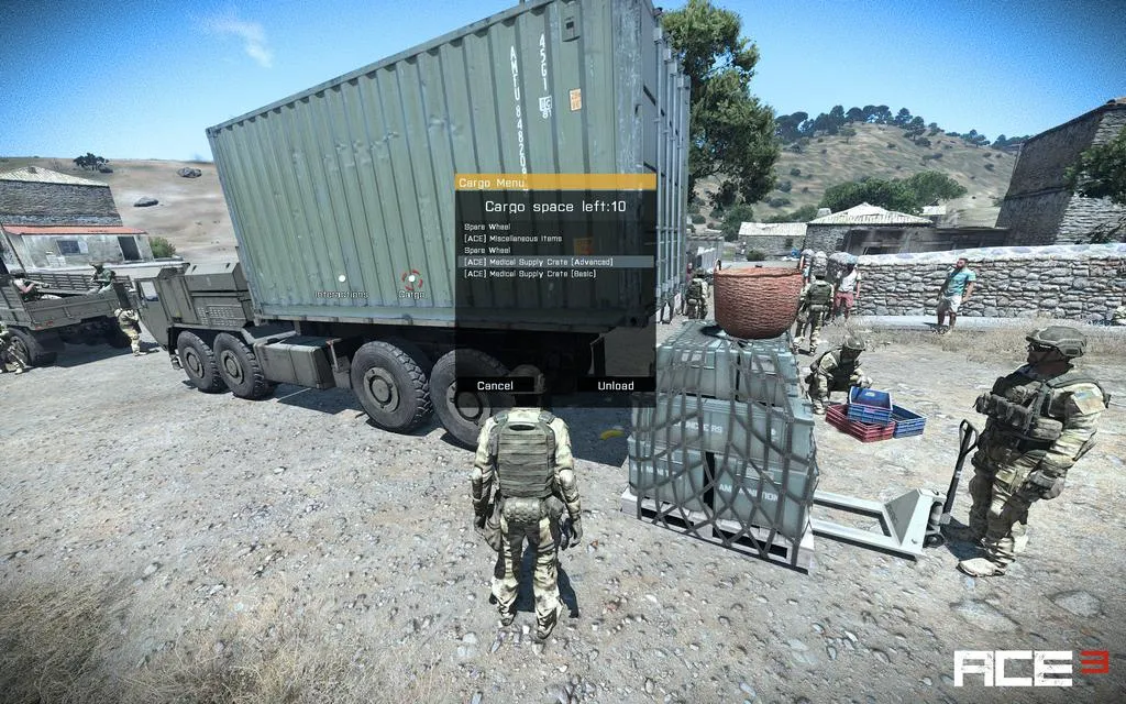 A scene showing NATO soldiers unloading contents from a HEMTT truck.