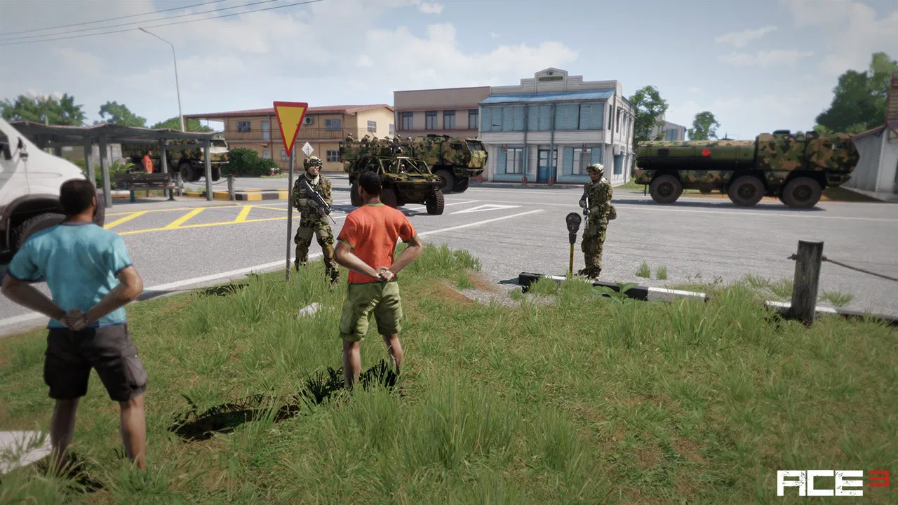 CSAT driving a convoy through one of Tanoa's villages while two CSAT soldiers are arresting two civilians.